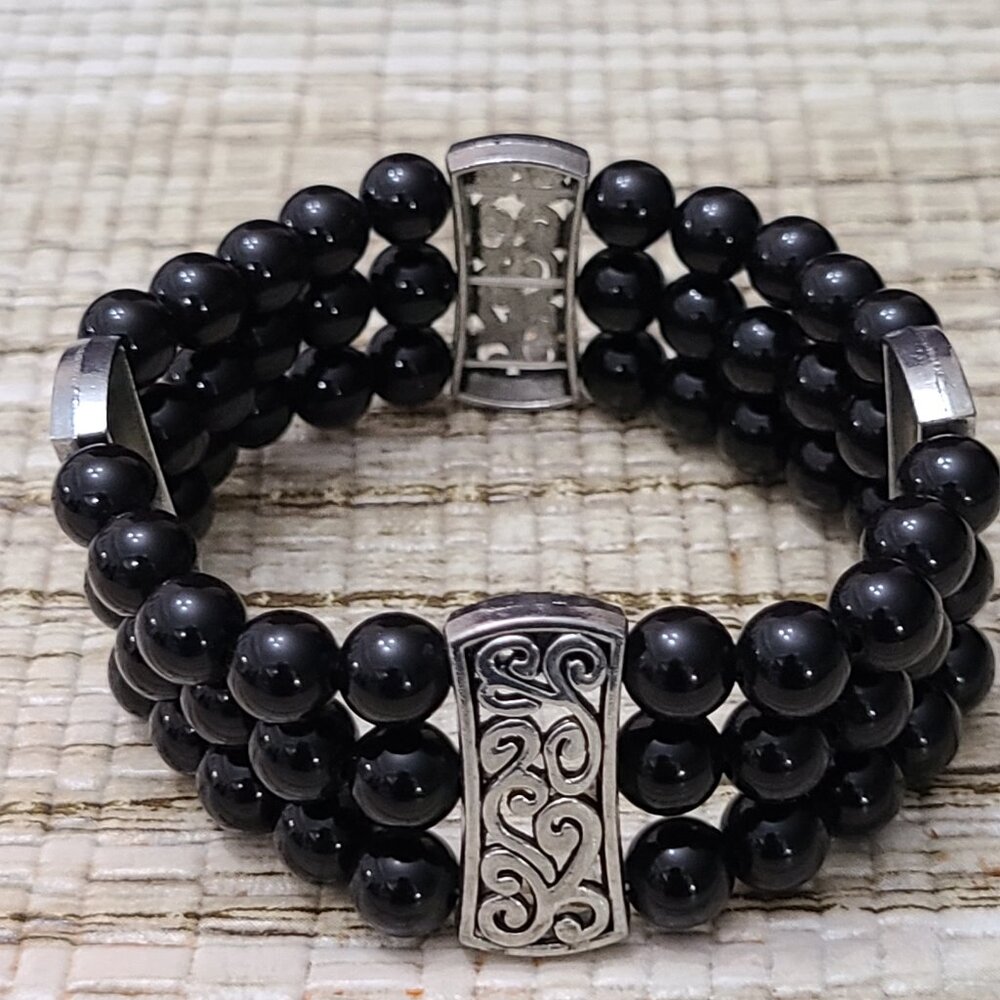 Vintage Art Deco-style Black Onyx Beaded Silvertone Bracelet